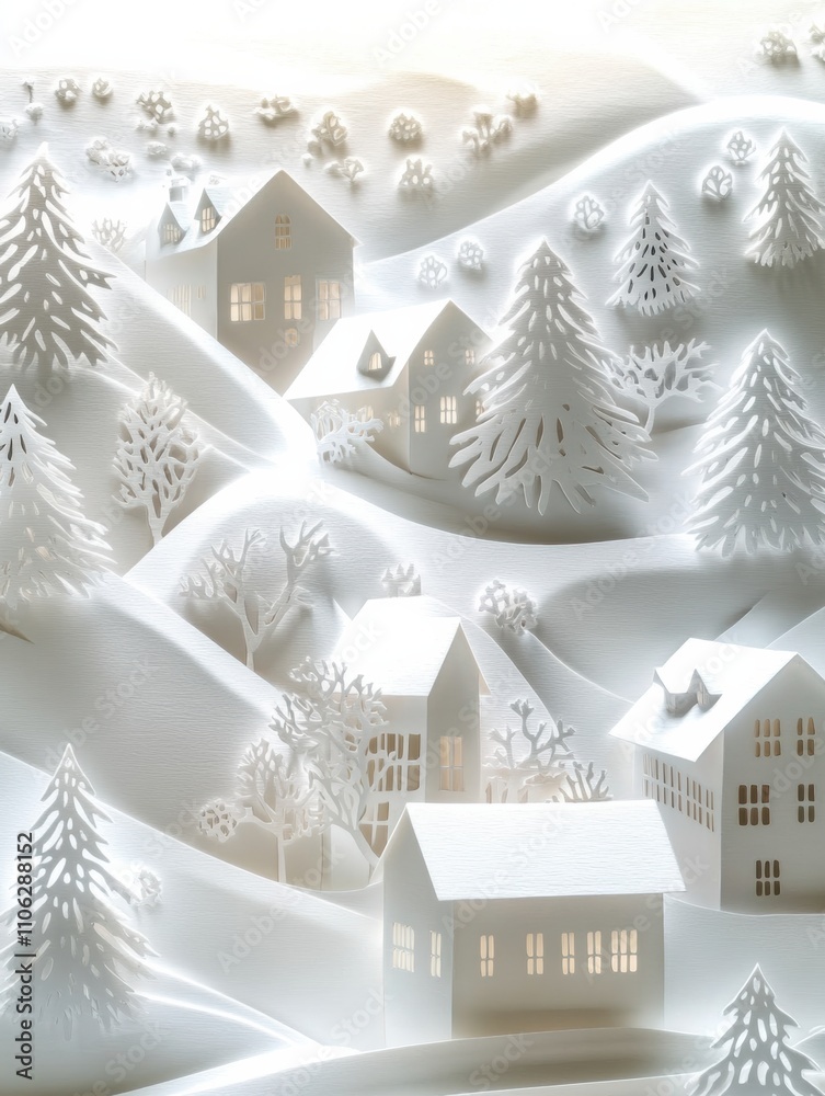 Poster delicate paper-cut village features charming houses and pine trees nestled in a serene winter landsc