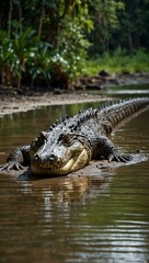 Naklejka premium Large crocodile in the Amazon rainforest, Manu National Park, Peru.