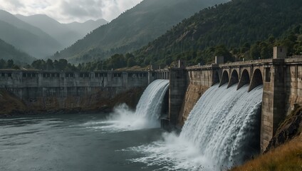 Large dam surrounded by misty mountains.