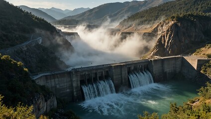 Large dam surrounded by misty mountains.