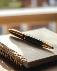 A close-up of a sleek black and gold pen resting on an open spiral notebook in soft natural light.