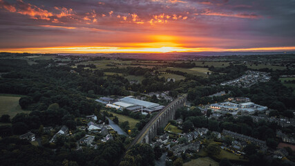 Sunset above small town in Yorkshire, Denby Dale, Huddersfield, UK