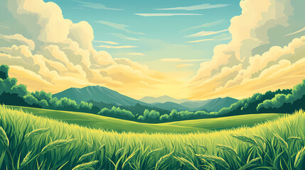A serene landscape with a verdant field, a distant mountain range, and a sky adorned with dramatic, luminous clouds. Verdant. Illustration