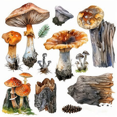 Botanical Watercolor Set with Chaga Mushrooms – Soft Pastel Style for Wellness, Ecology, and Artistic Projects