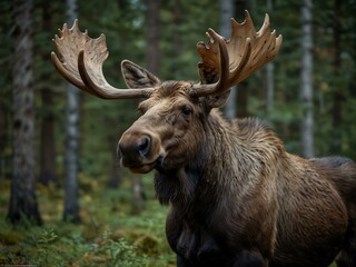 Large moose standing in a forest.