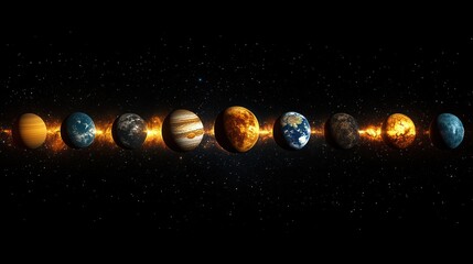 Planets aligned in space, cosmic alignment, solar system.