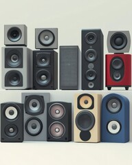 A collection of diverse audio speakers in various shapes and colors showcasing modern design and technology.