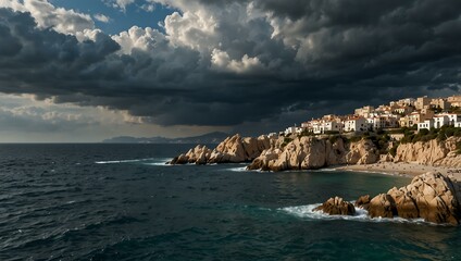 Large rocks along the Mediterranean coast with dramatic skies.