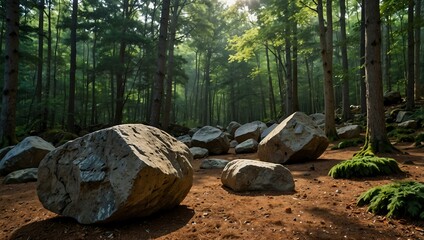 Large stone boulders in a forest setting.
