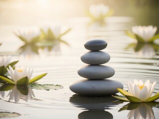 Obraz premium A Stack of Stones in a Serene Pond with White Water Lilies.