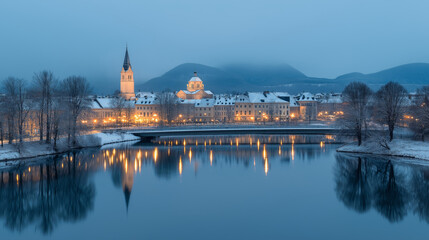 A serene winter townscape with a historic church, snow-covered rooftops, and glowing streetlights reflecting on a calm river, framed by misty mountains.