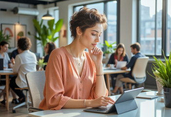 A business photo in a modern office space: A woman sitting at a table using a laptop computer.