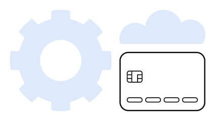 Credit card next to gear and cloud. Ideal for fintech, digital banking, online payments, financial services, cloud computing, secure transactions, technology integration. Line metaphor