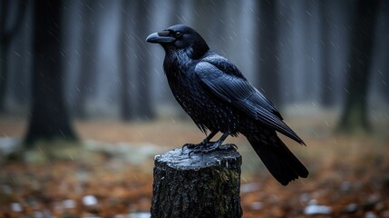 Raven perched on a stump in rain.