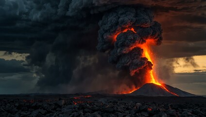 Lava erupting from a volcano under dramatic skies.