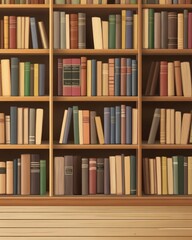 A colorful collection of books neatly arranged on wooden shelves, creating a cozy and inviting library atmosphere.