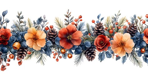 Fototapeta premium A Row of Flowers and Pine Cones.