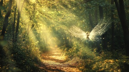 Obraz premium Luminous Fairy Soaring Through A Sunlit Forest Path