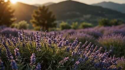 Obraz premium Lavender flowers swaying in the breeze on a hill.
