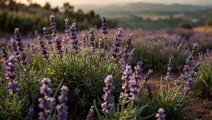 Obraz premium Lavender flowers swaying in the breeze on a hill.
