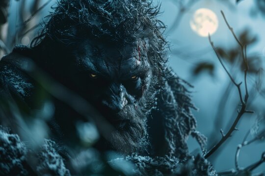 Werewolf transformation under full moon with claws extended in dark forest