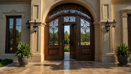 Fototapeta premium Lavish estate with a large wooden door entry.