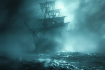 Ghost ship drifting through fog with eerie figures on deck and glowing light