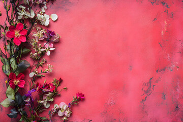 Blank with pink flower on grunge pink background. Background with flowers and copy space. Floral design. Good for flyer, banner. 