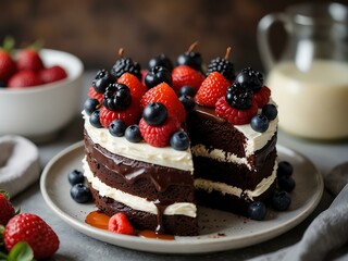 Layered chocolate cake with white frosting and berries on top.
