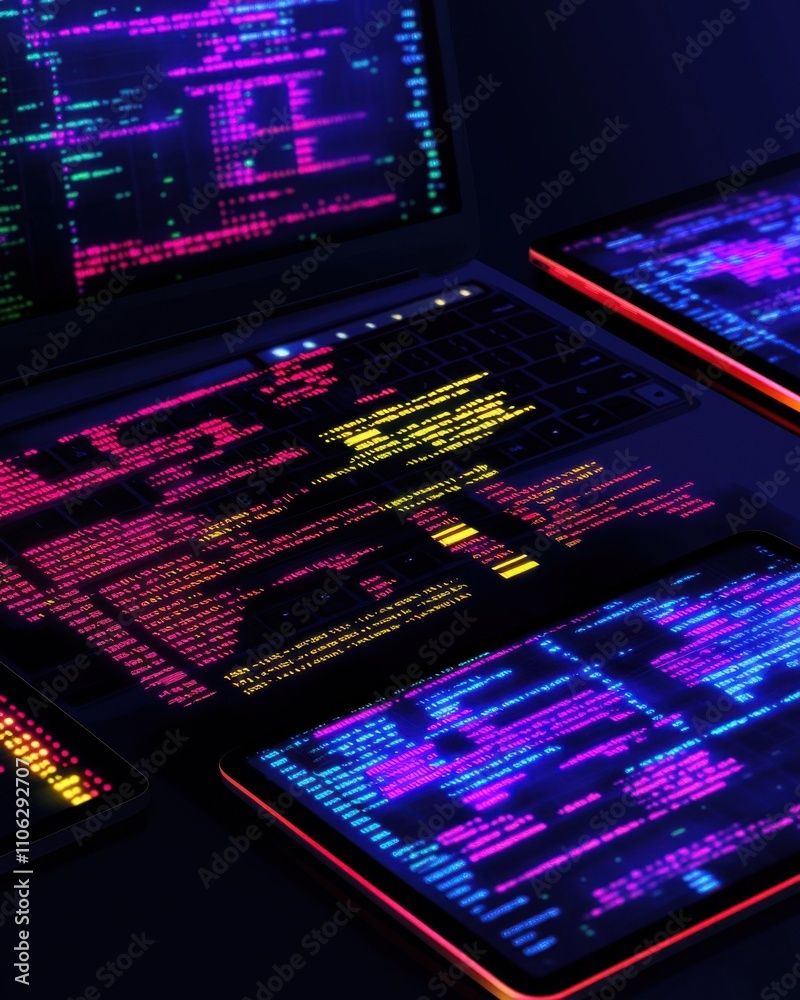 Poster close-up of vibrant digital screens displaying neon code, creating a futuristic tech atmosphere.