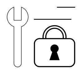 Wrench beside a padlock, minimal lines and keyhole. Ideal for security, maintenance, protection, fixing, privacy, technical support and safety themes. Line metaphor