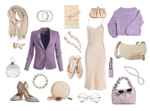 Stylish women's outfit. Beautiful clothes and accessories on white background. Collection with beige and violet colors. Fashion trend board
