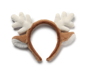 Beautiful reindeer headband isolated on white, top view. Christmas accessory