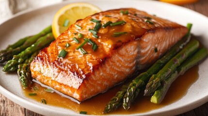 A beautifully grilled salmon fillet is plated alongside bright green asparagus and garnished with lemon slices and herbs. The meal is set against a rustic wooden table background.