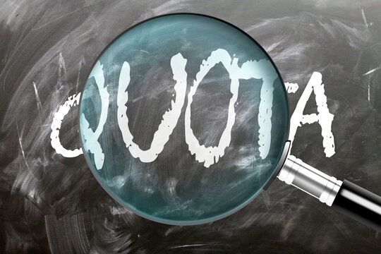 Quota - learn, study and inspect it. Taking a closer look at quota. A magnifying glass enlarging word 'quota' written on a blackboard ,3d illustration