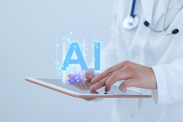 Artificial intelligence in medicine. Healthcare worker using tablet on white background, closeup....