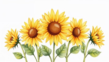 Naklejka premium Cheerful Watercolor Sunflowers in Row on White Background with Copy Space