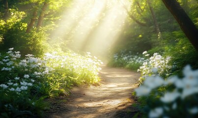 Obraz premium Sunlight illuminating forest path with white flowers, serene nature scene, soft light filtering through trees, lush greenery
