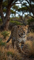Obraz premium Leopard walking through African bush.