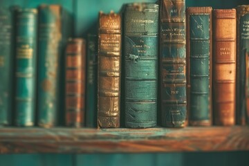 Wooden shelf with books in a row. Education and knowledge. Blurred.