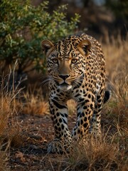 Fototapeta premium Leopard walking through the African bush.