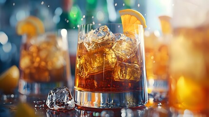 Whiskey glasses on sleek bar counter with ice shimmering in golden light. Happy hour, shared moments and nightlife vibes. Refreshing beverages and spirited evening fun