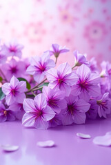 Delicate arrangement of light purple flowers, with their delicate petals, rests on a soft, lilac-colored surface. Background is blurred with a soft pink hue, romantic atmosphere.
