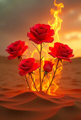 Dramatic and surreal scene featuring a cluster of vibrant red roses emerging from a sandy desert. The roses are engulfed in flames. Generative AI.