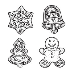 Hand drawn sketch style gingerbread set. Snowflake or star, bell, Xmas tree and gingerbread man. Vintage retro Christmas baked goods. Vector illustrations isolated on white.
