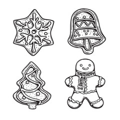 Hand drawn sketch style gingerbread set. Snowflake or star, bell, Xmas tree and gingerbread man. Vintage retro Christmas baked goods. Vector illustrations isolated on white.