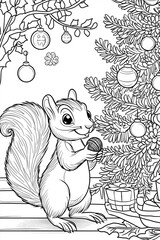 Coloring page - cheerful squirrel holding an acorn near a Christmas tree decorated with baubles