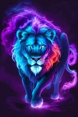 Majestic lion radiating bright colors stands out against a dark background. Purple and orange shades. Its piercing eyes and confident posture exude strength and power. Generative AI.