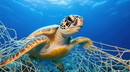 Sea turtle entangled in fishing net underwater, symbolizing environmental threat and marine life conservation.