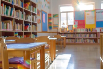 Blurry library and classroom background with vast resources.